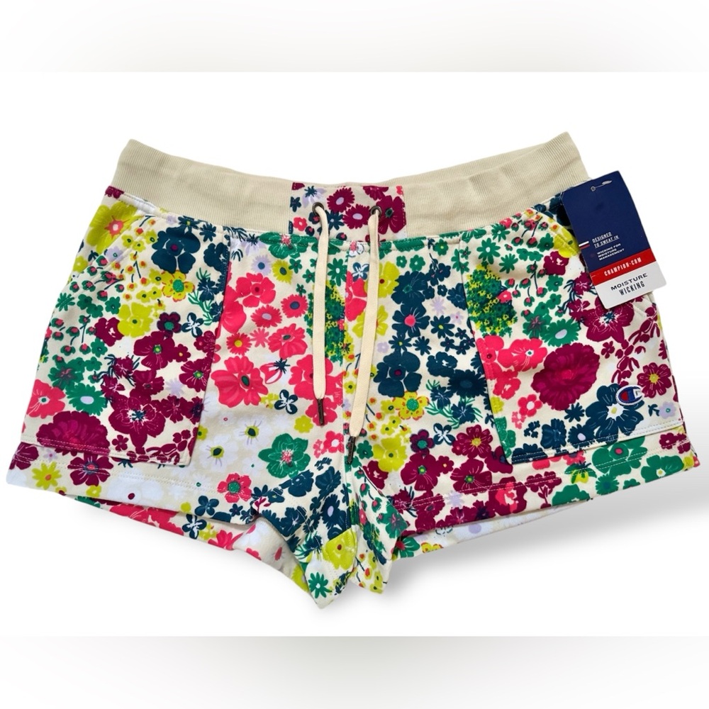 NWT Champion Women's Size L French Terry Drawstring Shorts Bright Floral Pattern